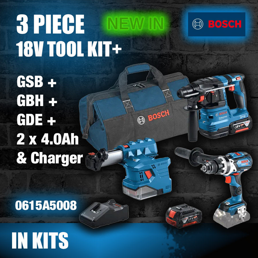 BOSCH 3pc Tool Kit 18v - GSB + GBH + GDE + 2 x 4.0Ah & Charger - 0615A5008A